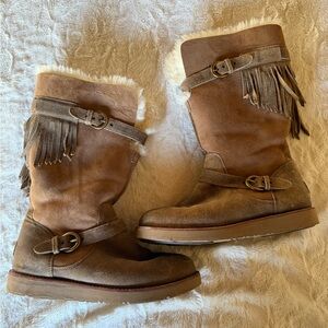 UGG Tan Sheepskin Boots with Fringe and Buckles